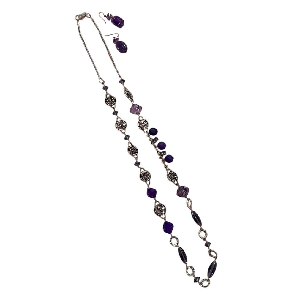 Coldwater Creek Antique Style Silver Purple Beaded Charm Necklace / Earring Set
